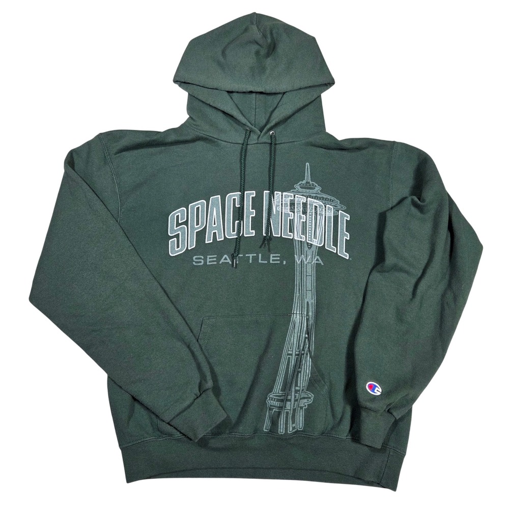 Champion Mens Seattle Space Needle Hoodie Forest Green Medium Vintage Retro